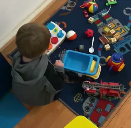 Niño jugando con juguetes en la alfombra